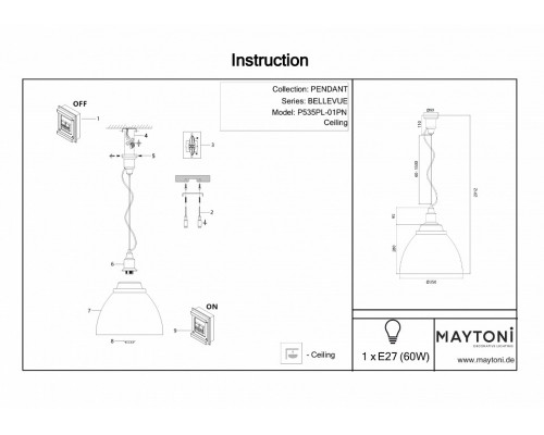 Подвесной светильник Maytoni Bellevue P535PL-01PN